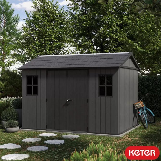 Keter 11’x7.5′ Newton Plus Side Entry Plastic Shed – Dark Grey-oakleysgardenmachine- Free shipping